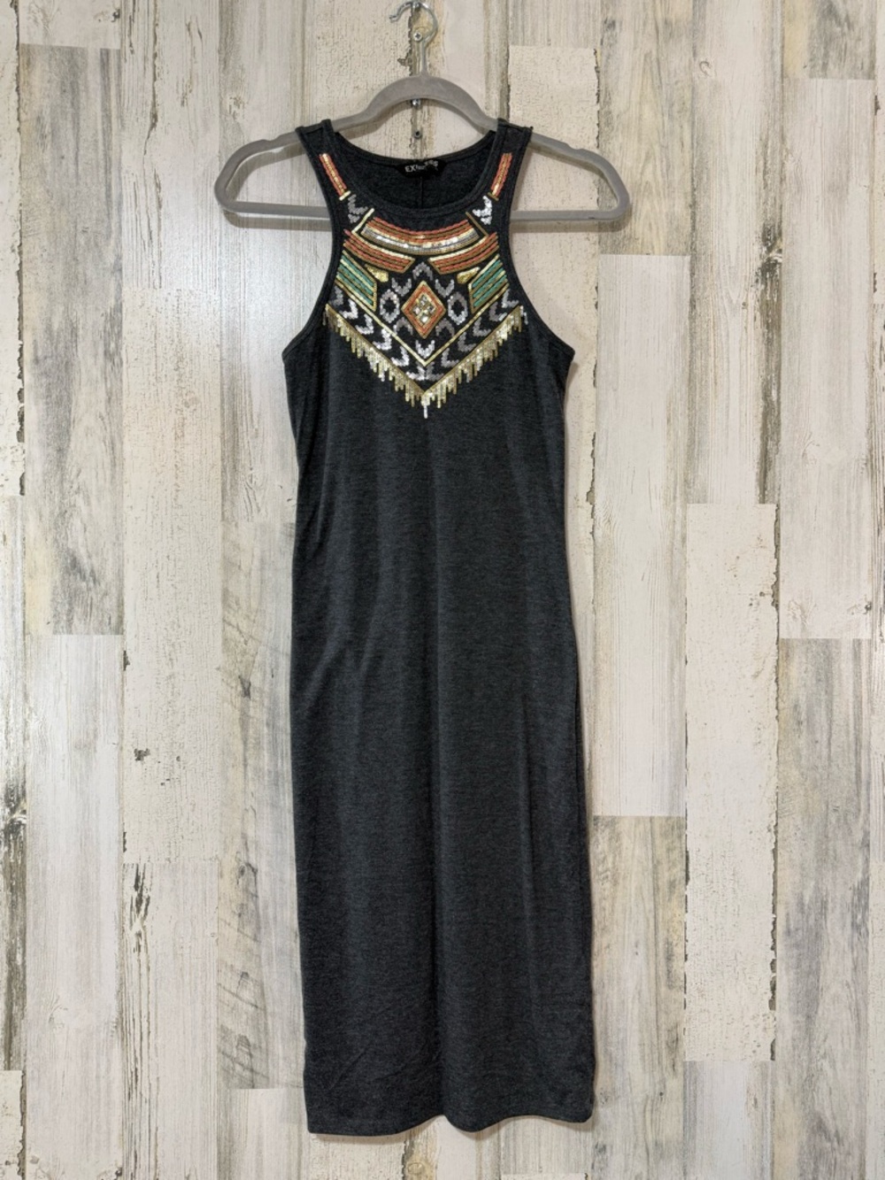 Express Dark Gray Maxi Dress Beaded Sequined Neckline Sleeveless Bodycon